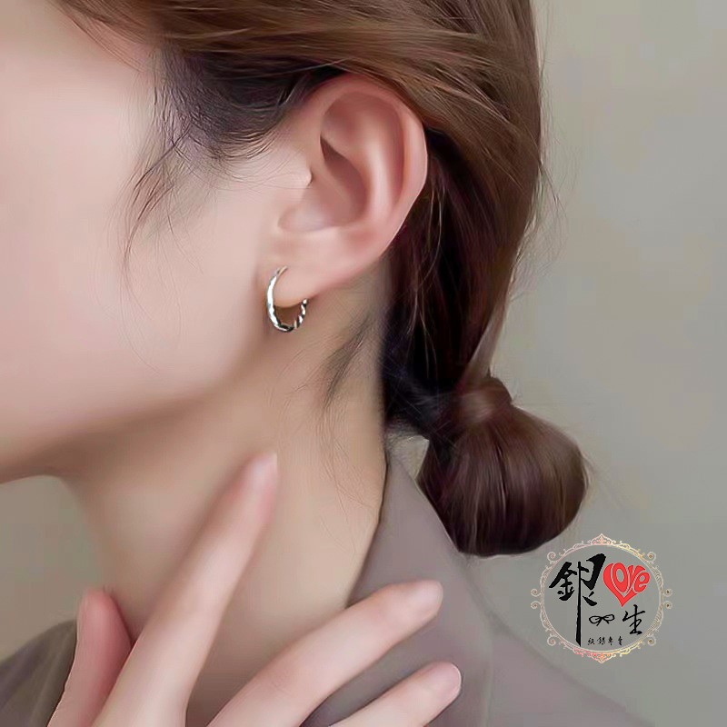s925純銀 簡約麻花 耳扣式 耳環