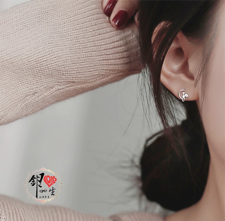  s925純銀 月亮貓咪 耳釘式 耳環